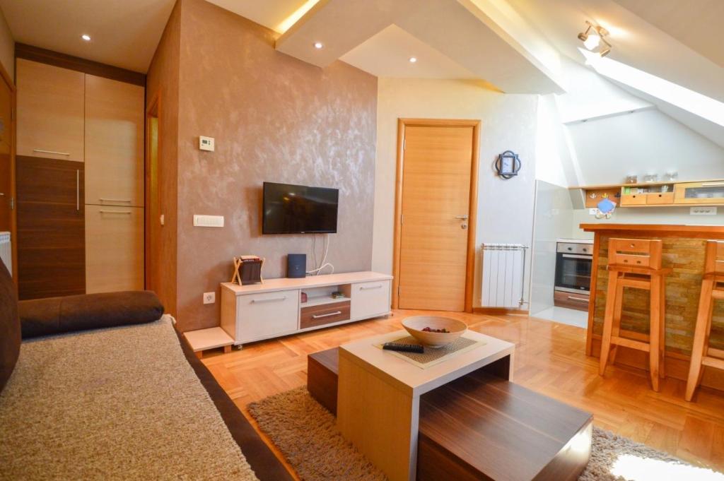 a living room with a couch and a tv at Oaza in Zlatibor