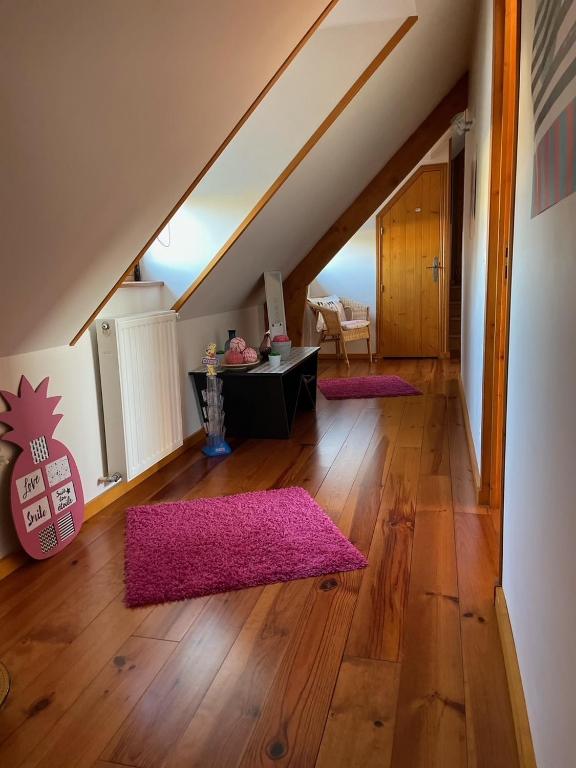 a living room with pink rugs on a wooden floor at Gîte Pressoir Armand in Saint Gatien des Bois