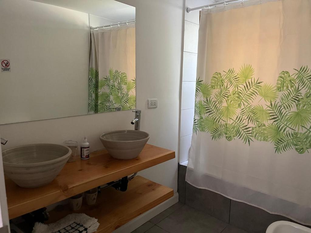 uma casa de banho com um lavatório e um chuveiro com um espelho. em El Arroyo del Sur em San Carlos de Bariloche