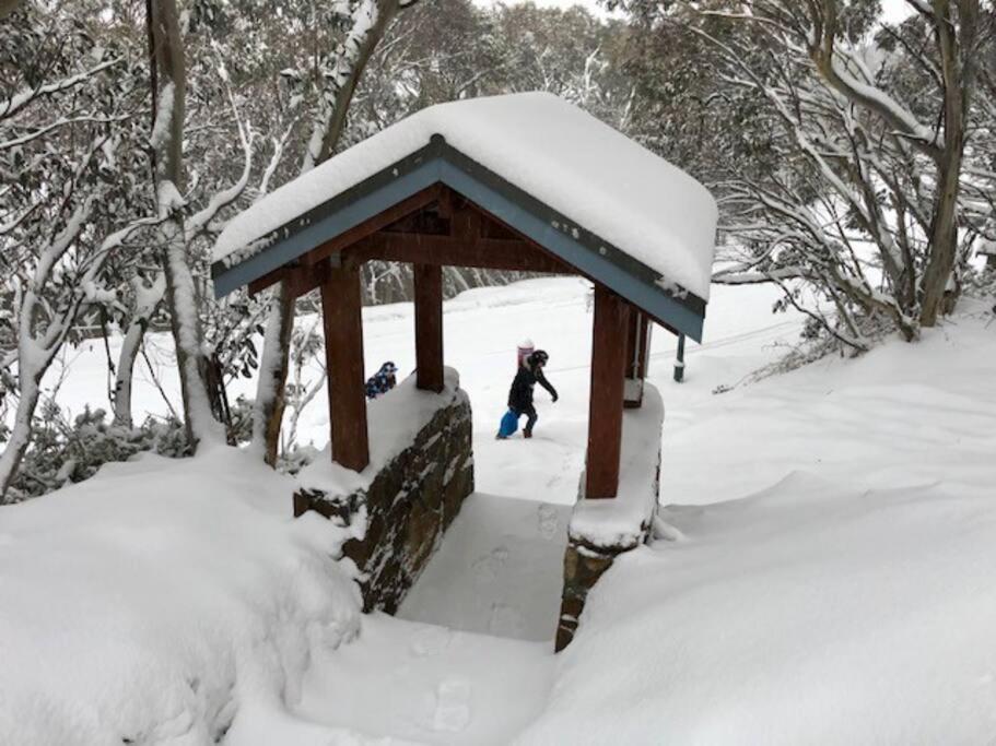 布勒山的住宿－Affordable Skiing Mt Buller - 450m from ski lift，一个人在雪中走在一个小棚子旁边