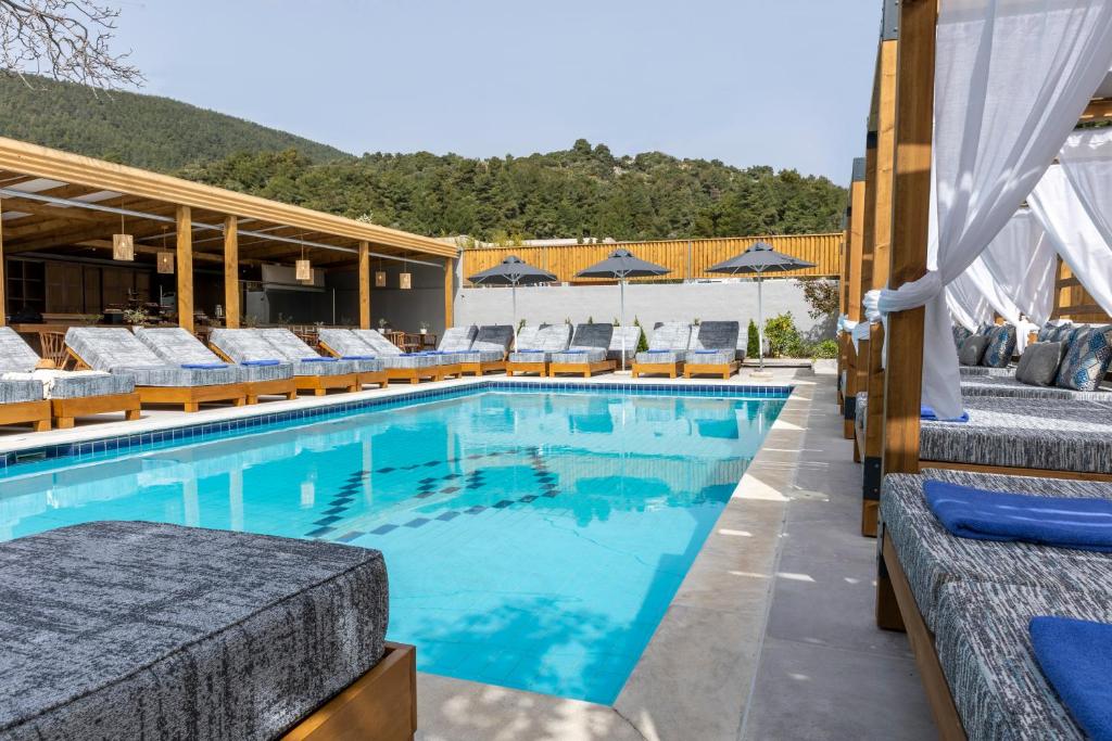 a swimming pool with lounge chairs on a hotel at Skiathos Theros, Philian Hotels and Resorts in Skiathos