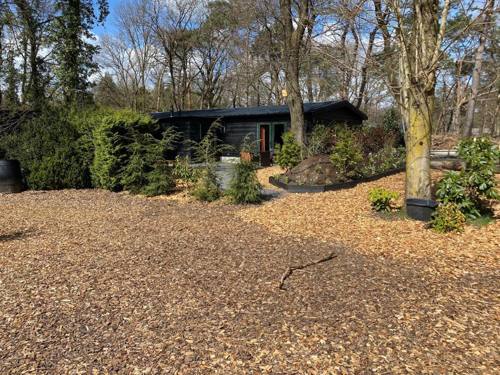 a house in a garden with a gravel yard at De Veluwse bos Lodge in Otterlo