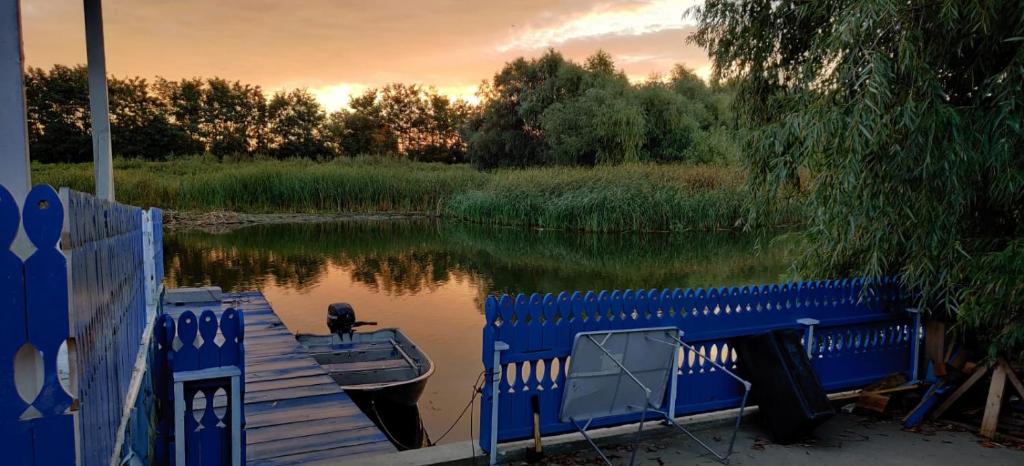 a dock with a boat sitting on the water at Wild Carp in Dunavăţu de Jos