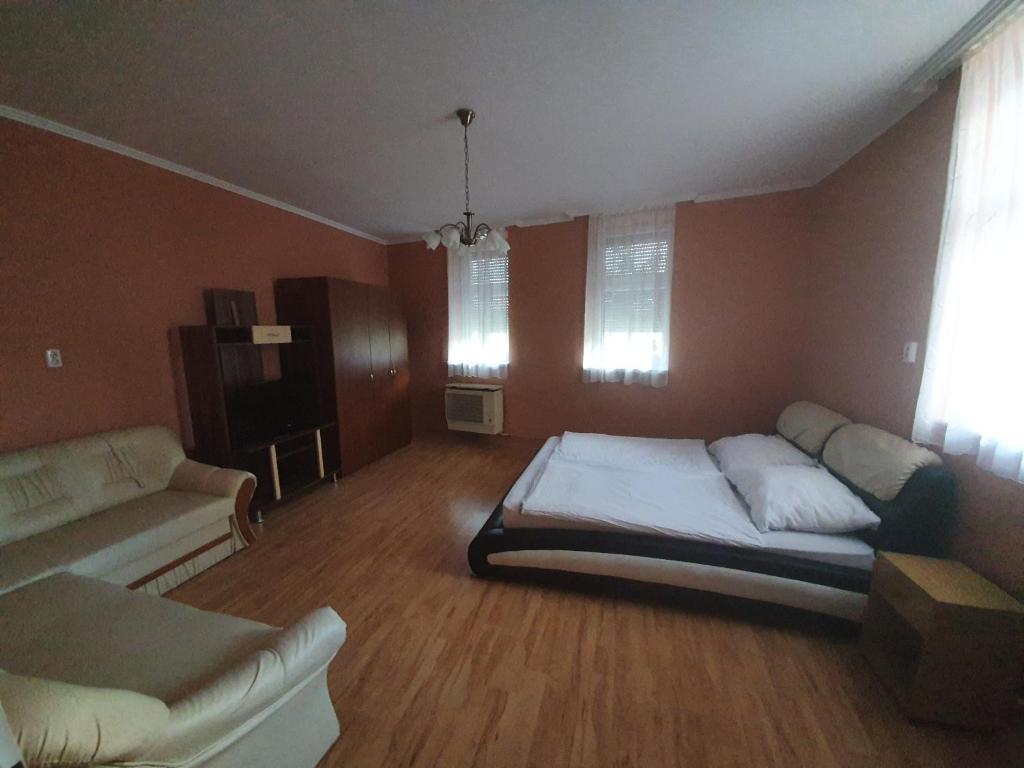 ein Schlafzimmer mit einem Bett, einem Sofa und Fenstern in der Unterkunft Csuszka vendégház in Tiszafüred