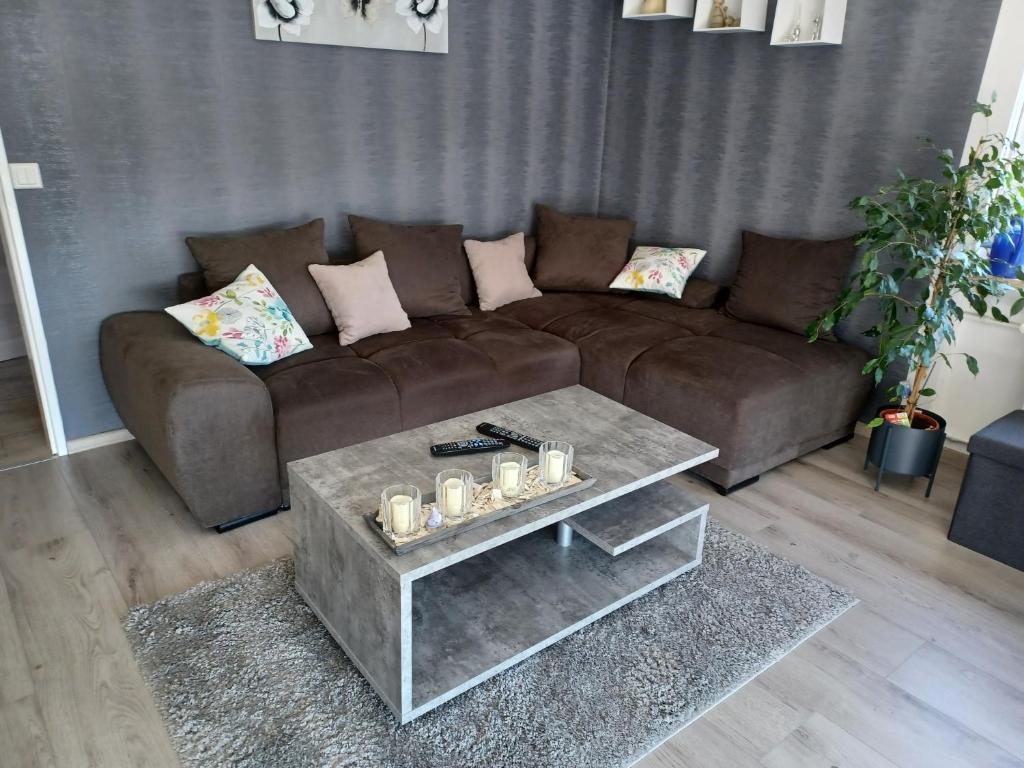 Sala de estar con sofá marrón y mesa de centro en Fewo schöne Aussicht en Kirchhain