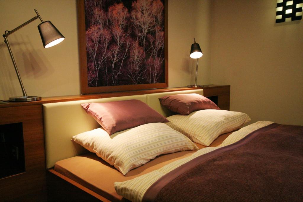 Una cama con tres almohadas encima. en Apartment Na Krki, en Kostanjevica na Krki