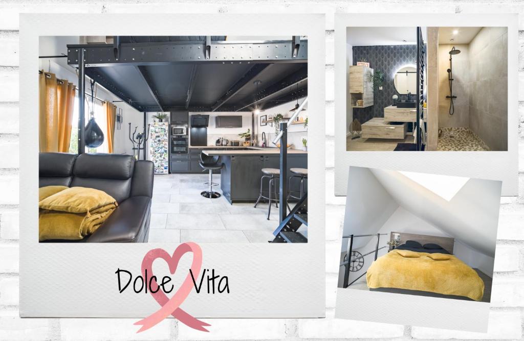 a collage of photos of a living room with a pink ribbon at Loft avec jardin et parking privé in Troyes