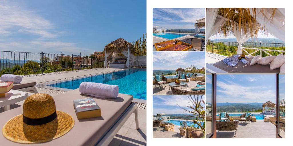 un collage di foto di un resort con piscina di Alkiviades Villa a Theletra