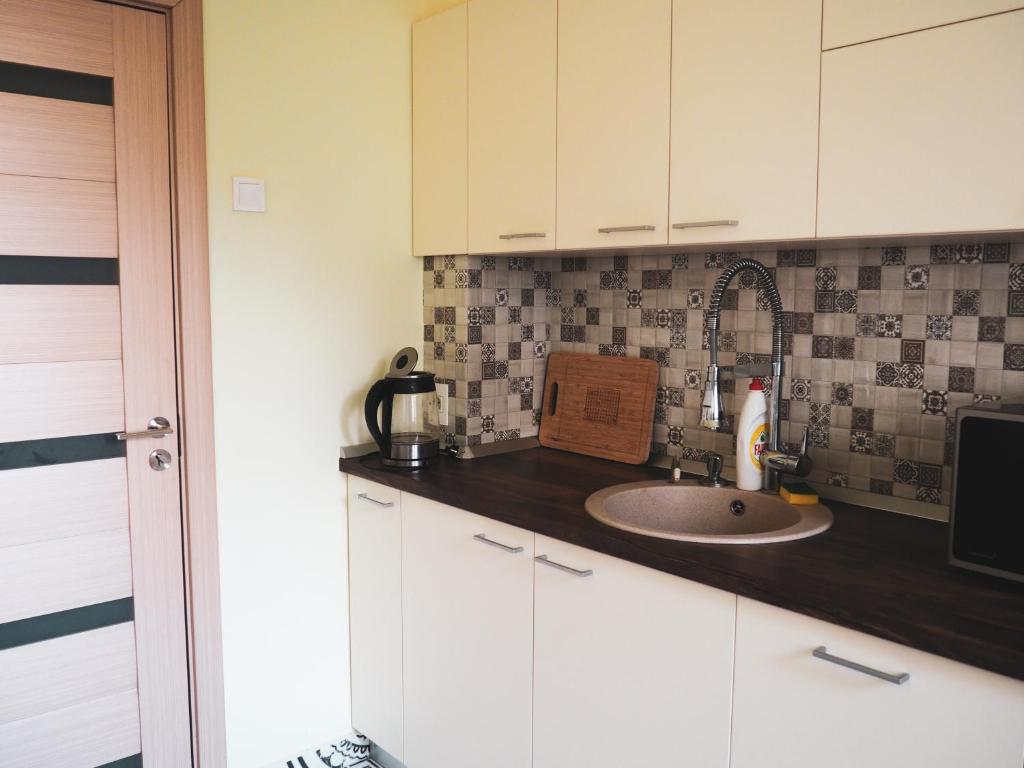 a kitchen with a sink and white cabinets at Modern Room With A Great Sunrise - close to the center - in Timişoara