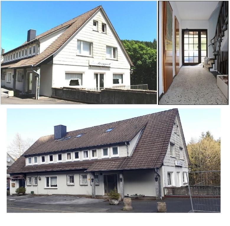 two pictures of a white house with a roof at Fitnesshotel Bergquell in Altenau