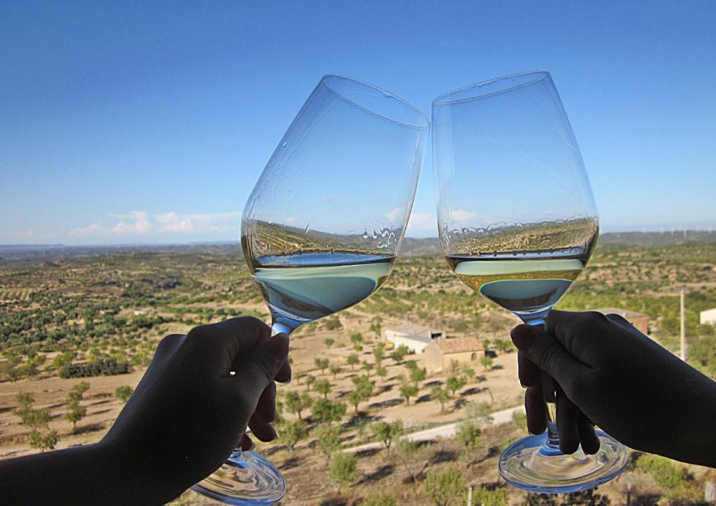 zwei Personen, die ein Glas Weißwein hochhalten in der Unterkunft Casa Nostra Matarranya in Calaceite