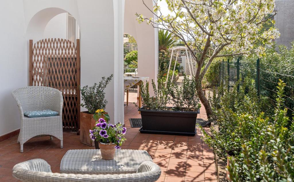 a patio with a table and chairs and plants at B&B Il Sogno in Anacapri