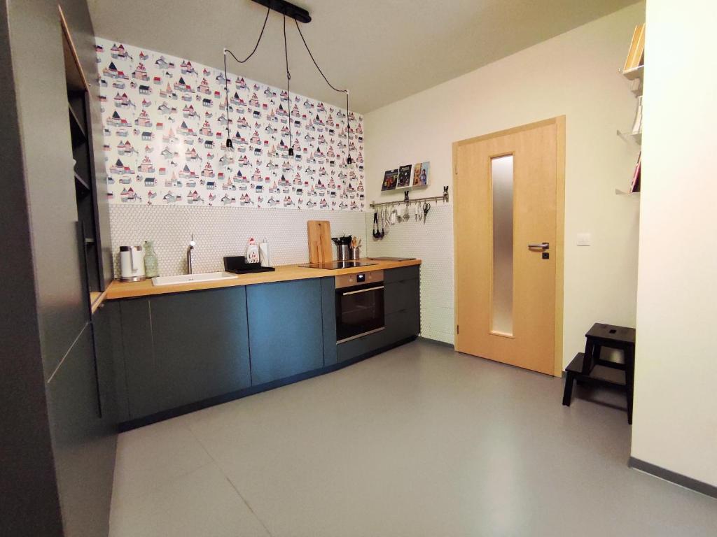 a kitchen with a counter and a sink and a door at Apartmán SVAN B2 in Říčky