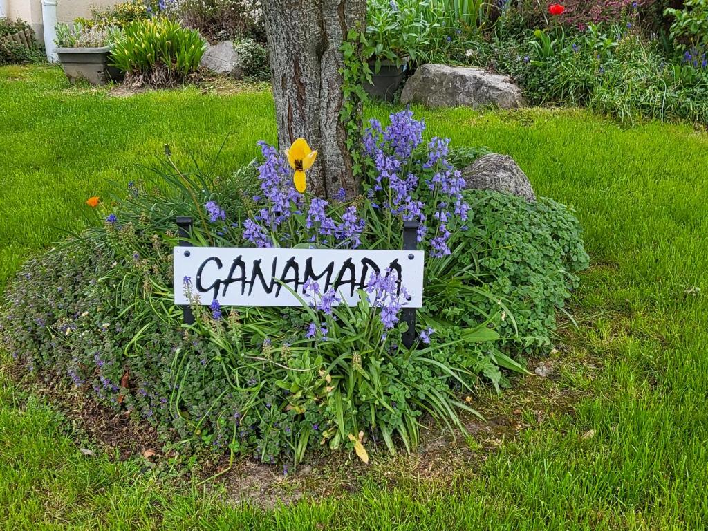 un panneau dans un jardin autour d'un arbre aux fleurs violettes dans l'établissement Ganamapa, à Merlimont