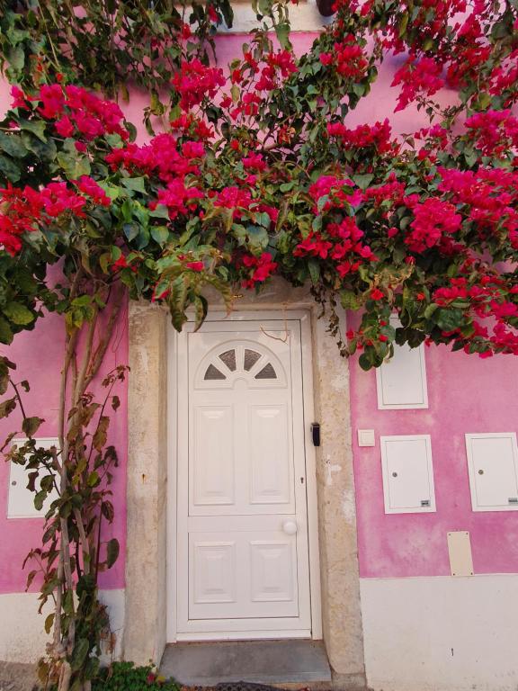 różowy dom z czerwonymi kwiatami i białymi drzwiami w obiekcie Casa Cor de Rosa w Lizbonie
