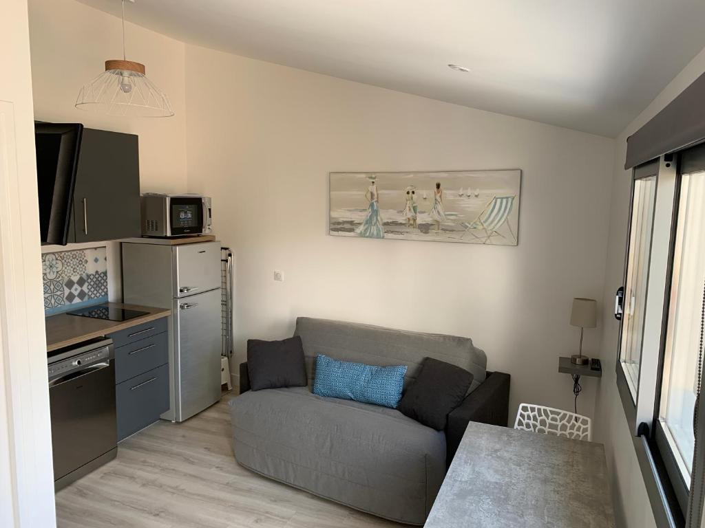 Studio La Rochelle - Rompsay في Périgny: غرفة معيشة مع أريكة ومطبخ