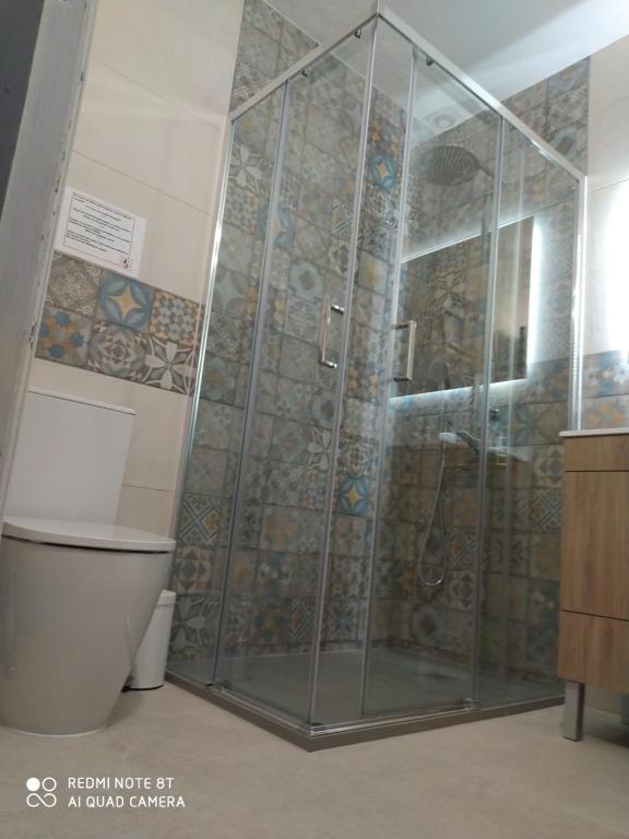 ducha con mampara de cristal junto a un aseo en Casa da Vila, en Mexilhoeira Grande