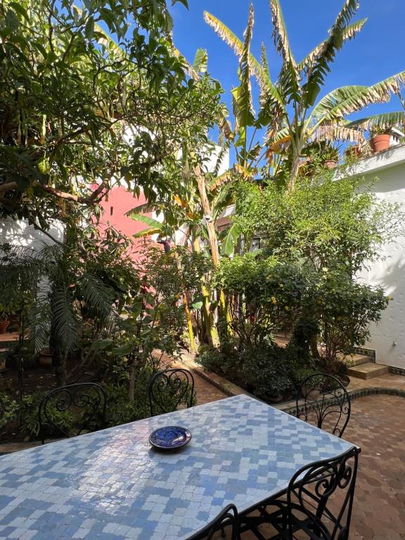 a blue table and chairs with a blue plate on it at RIAD OASIS D'ASILAH in Asilah