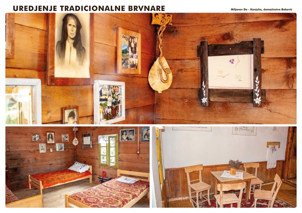 a collage of two pictures of a room with wood walls at Household Babovic - Old house Miljan's valley in Andrijevica