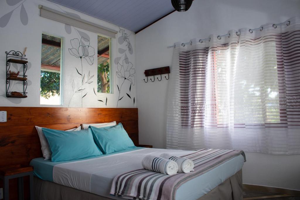 1 dormitorio con 1 cama con 2 almohadas en Chácara Lápis Lazuli en Cavalcante