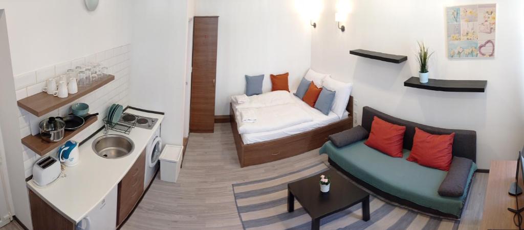 ブダペストにあるOsvat Apartmentsのソファとシンクが備わる小さな客室です。
