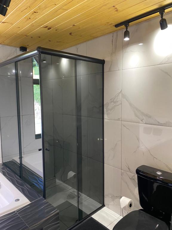 una ducha de cristal en un baño con inodoro en Cold Land Chalé, en Urubici