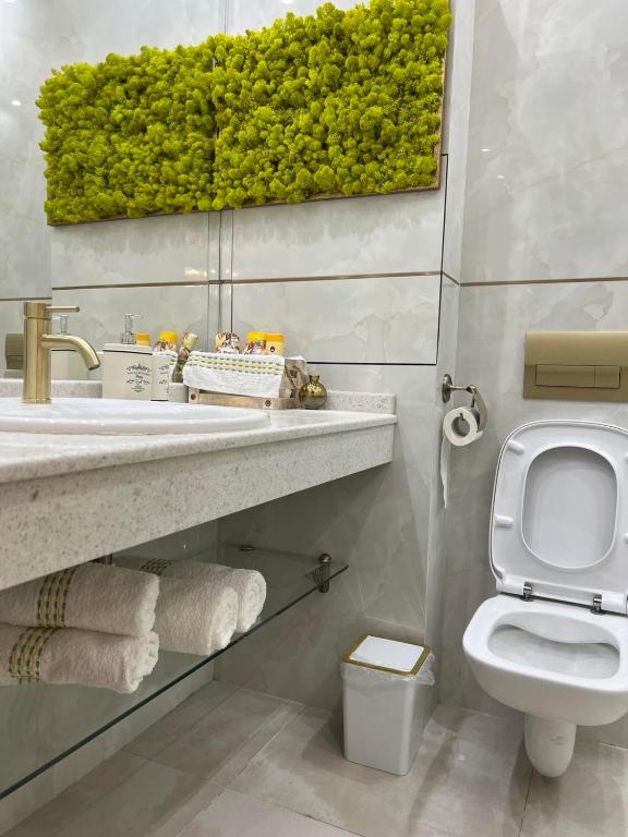La salle de bains est pourvue de toilettes et d&#39;un mur vert. dans l&#39;établissement SPA Apartament Sirius house, à Saints Constantine et Helena