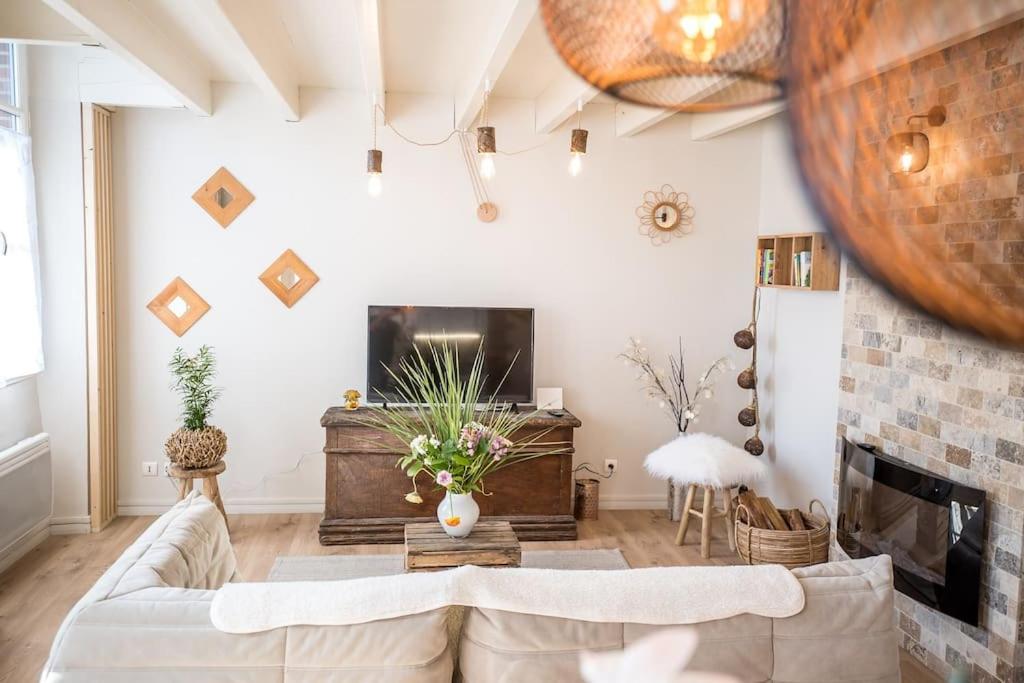 ein Wohnzimmer mit einem Sofa und einem Kamin in der Unterkunft Appt Ambiance Chalet 2ch Piscine lagon in Tarbes