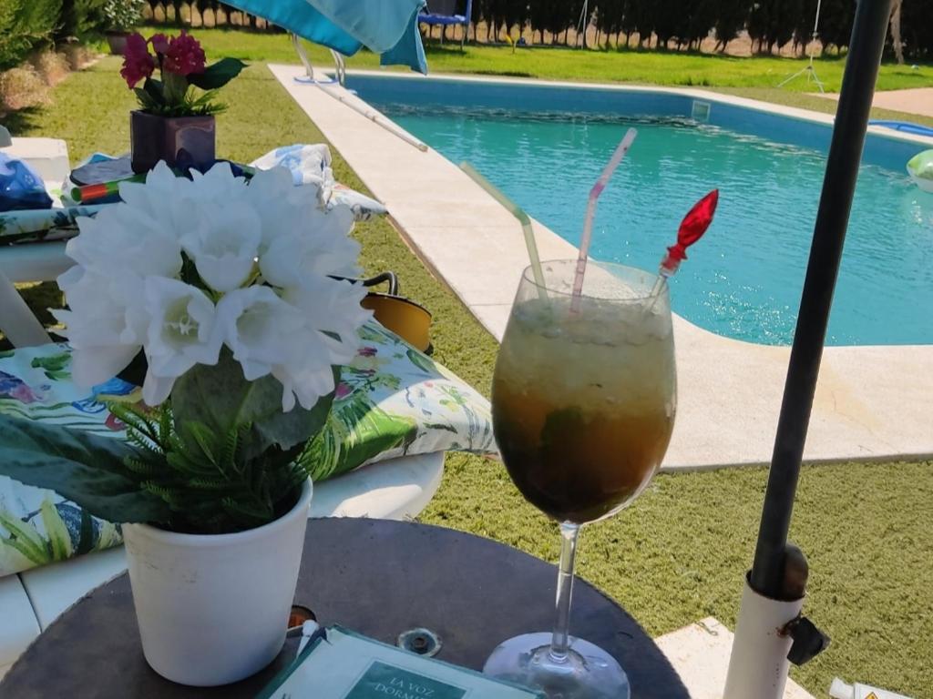 ein Getränk auf einem Tisch neben einem Pool in der Unterkunft Casa Villa El Olivar in Huelva