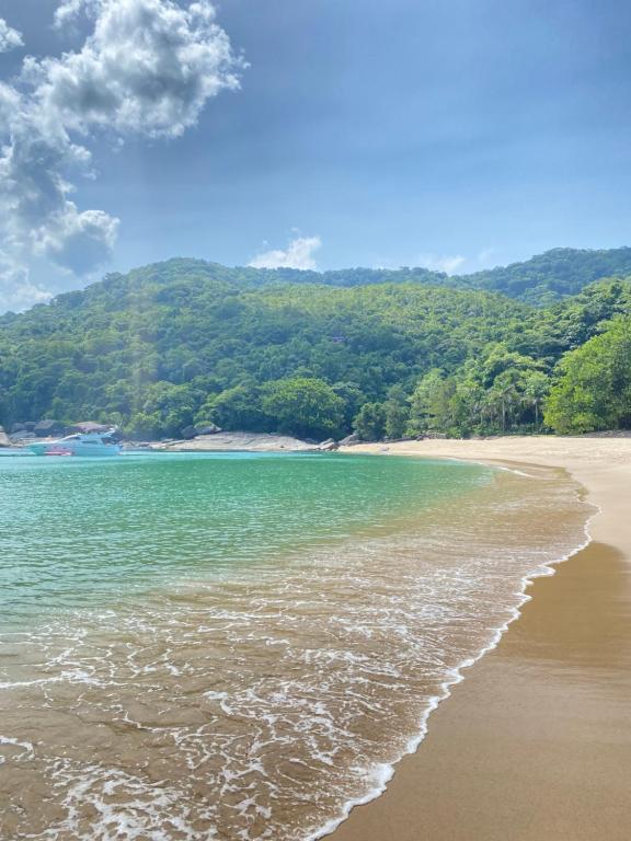 una playa con agua verde y árboles en el fondo en Suítes Canto do Nema en Ilhabela