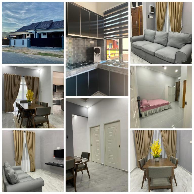 a collage of photos of a kitchen and a living room at afza Homestay Paka A in Paka