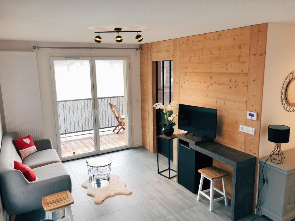 uma sala de estar com um sofá e uma televisão em Charmant appartement em Saint-Gervais-les-Bains