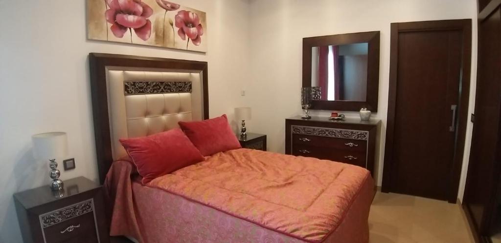 a bedroom with a bed with red pillows and a mirror at APARTAMENTO REFORMADO Y LUMINOSO EN AGUILAR DE LA FRONTERA in Aguilar de la Frontera