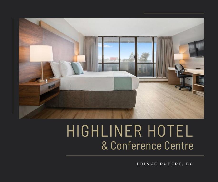 una camera d'albergo con letto e scrivania di Highliner Hotel a Prince Rupert
