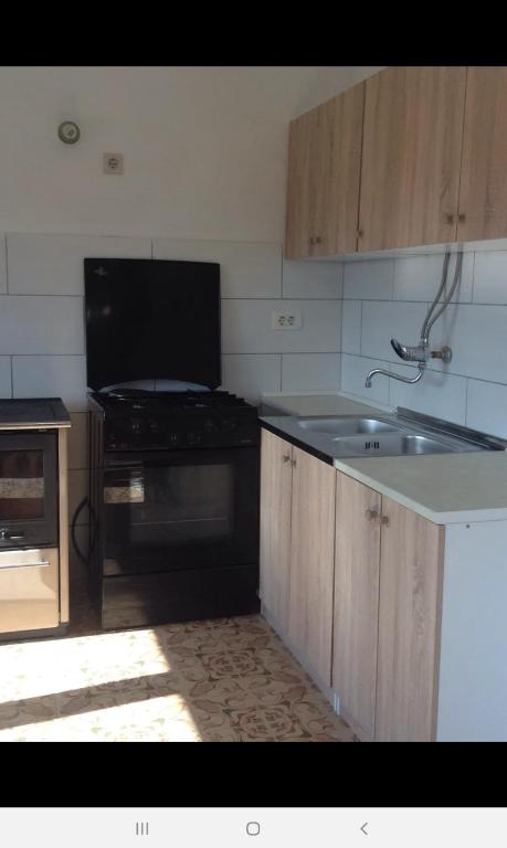 kuchnia ze zlewem i kuchenką górny piekarnik w obiekcie Apartman Katica w mieście Plomin
