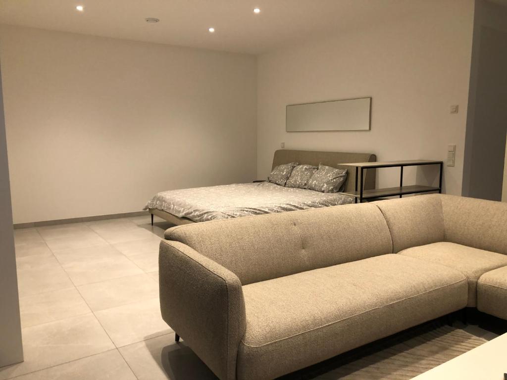 ein Wohnzimmer mit Sofa und Bett in der Unterkunft Garou in Luxemburg (Stadt)
