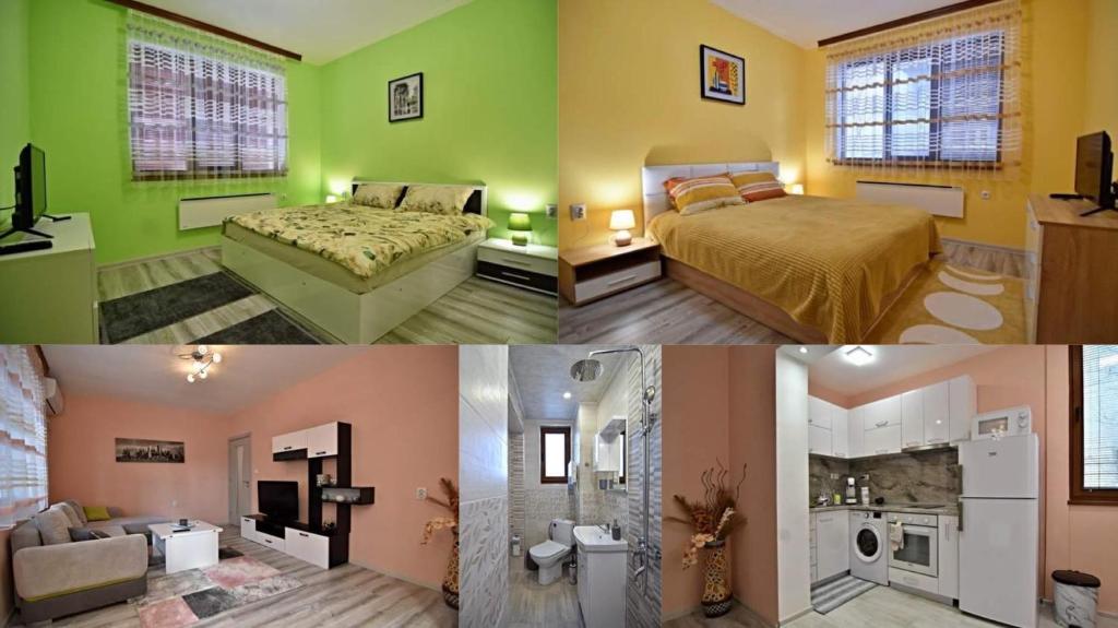 un collage di tre foto di una camera da letto di Апартамент Фреш a Velingrad