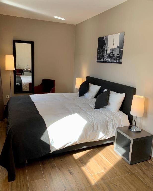 a bedroom with a large bed and a mirror at Hotel Monvillage in Mondercange