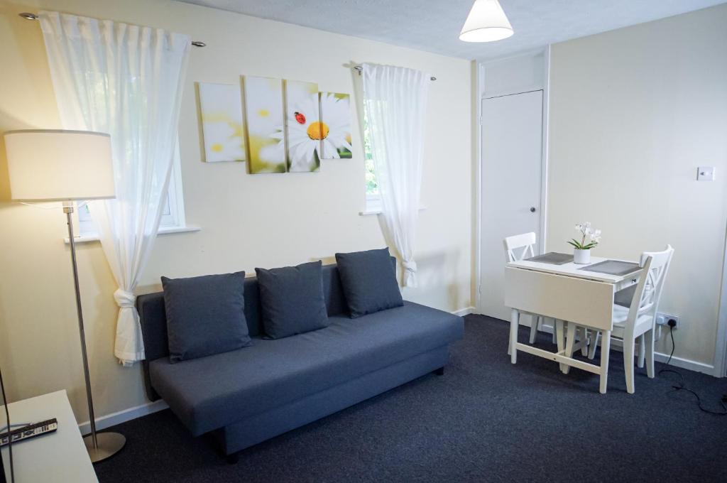 a living room with a blue couch and a table at Central studio in quiet area in Newbury