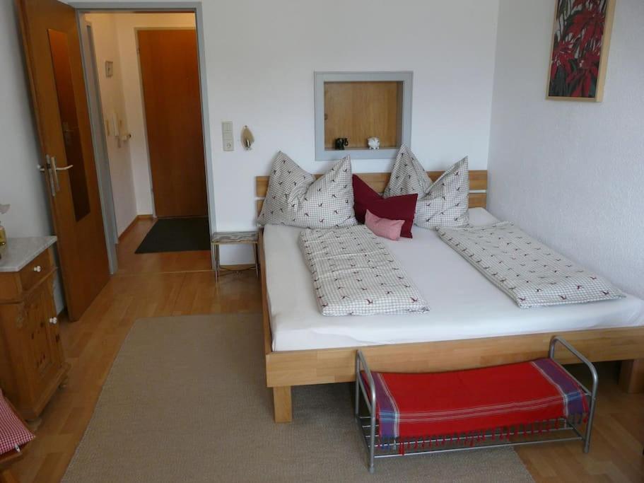 een bed met kussens en een rode bank in een kamer bij Kleine feine Wohnung in Toplage in Bludenz
