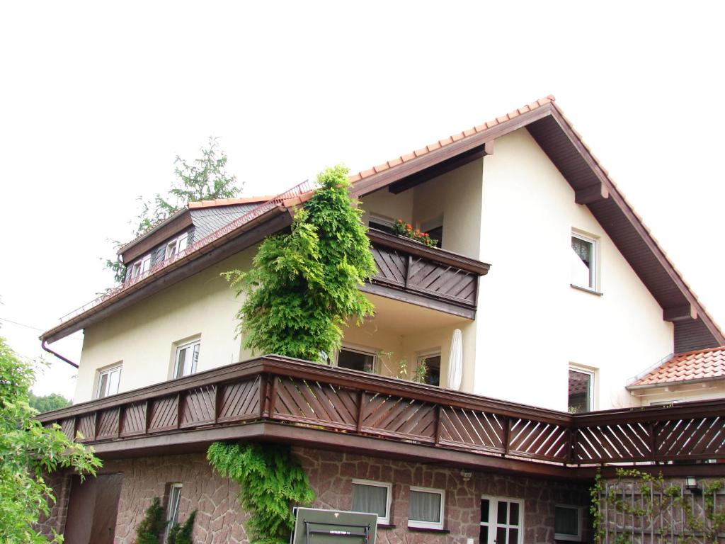 a building with a balcony with ivy on it at Ferienwohnung im DG, Parkplatz vorm Haus, WLAN in Bielatal