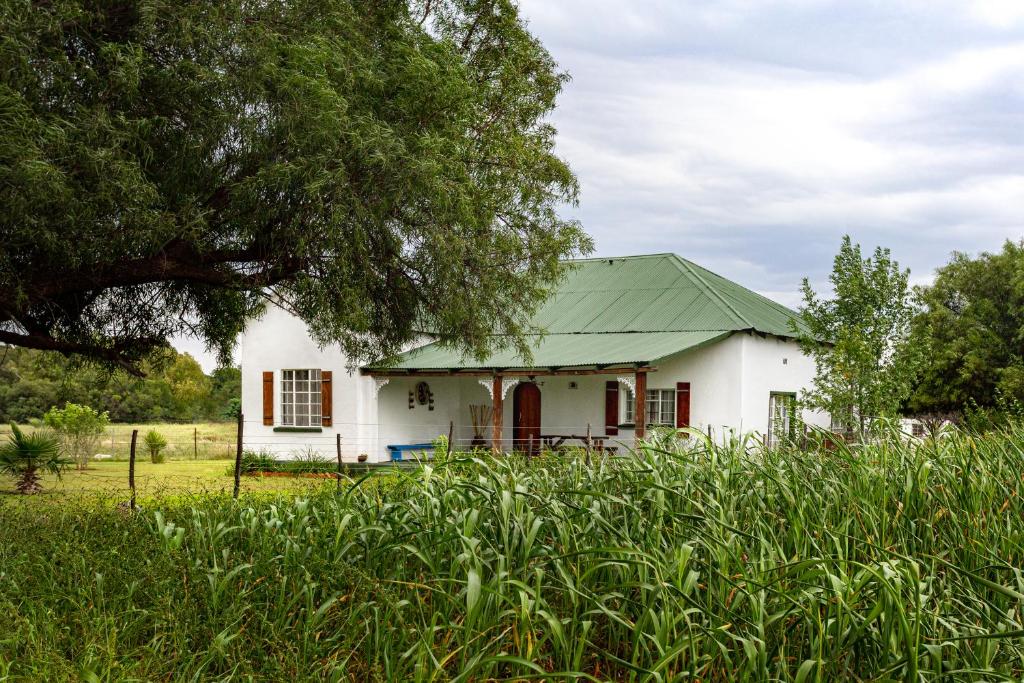 a white house with a green roof at Karoohuisie in Bethulie