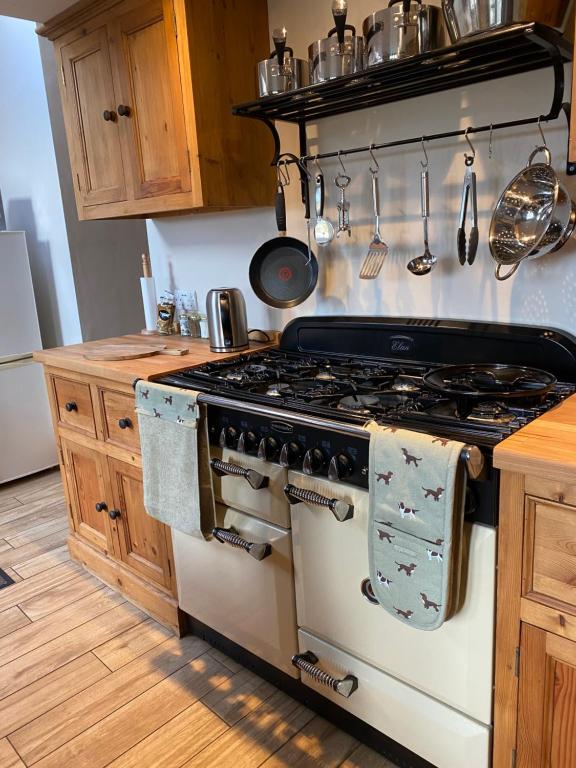 a kitchen with a stove with towels hanging from it at Spaniel Cottage with views of Ham hill, Stoke sub Hamdon in Martock