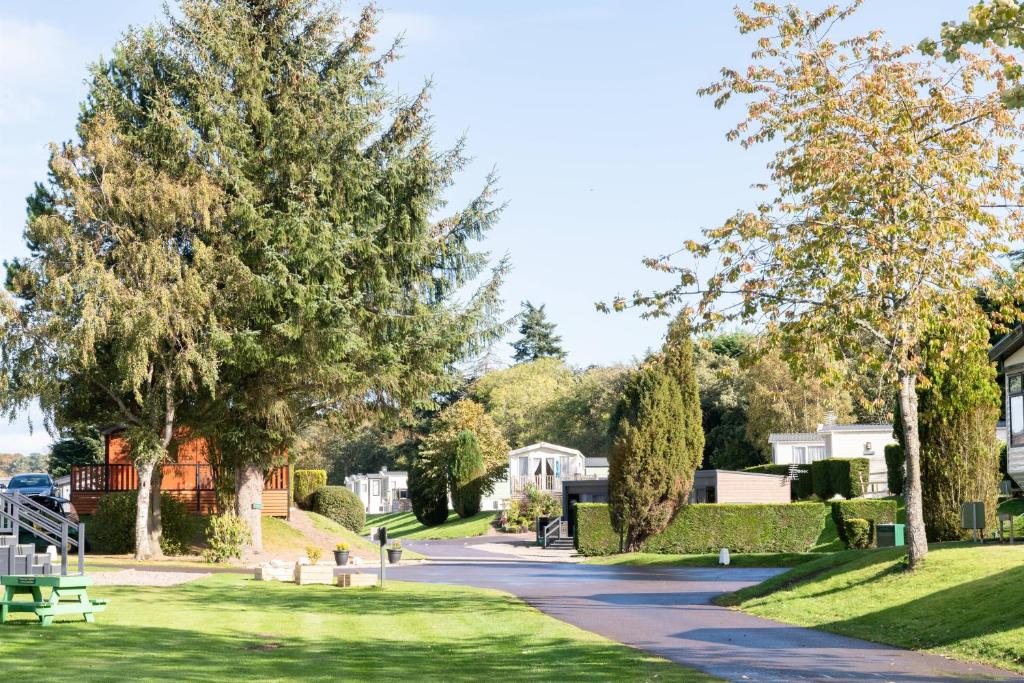 einen Gehweg durch einen Park mit Bäumen und Gras in der Unterkunft Deeside Holiday Park in Maryculter