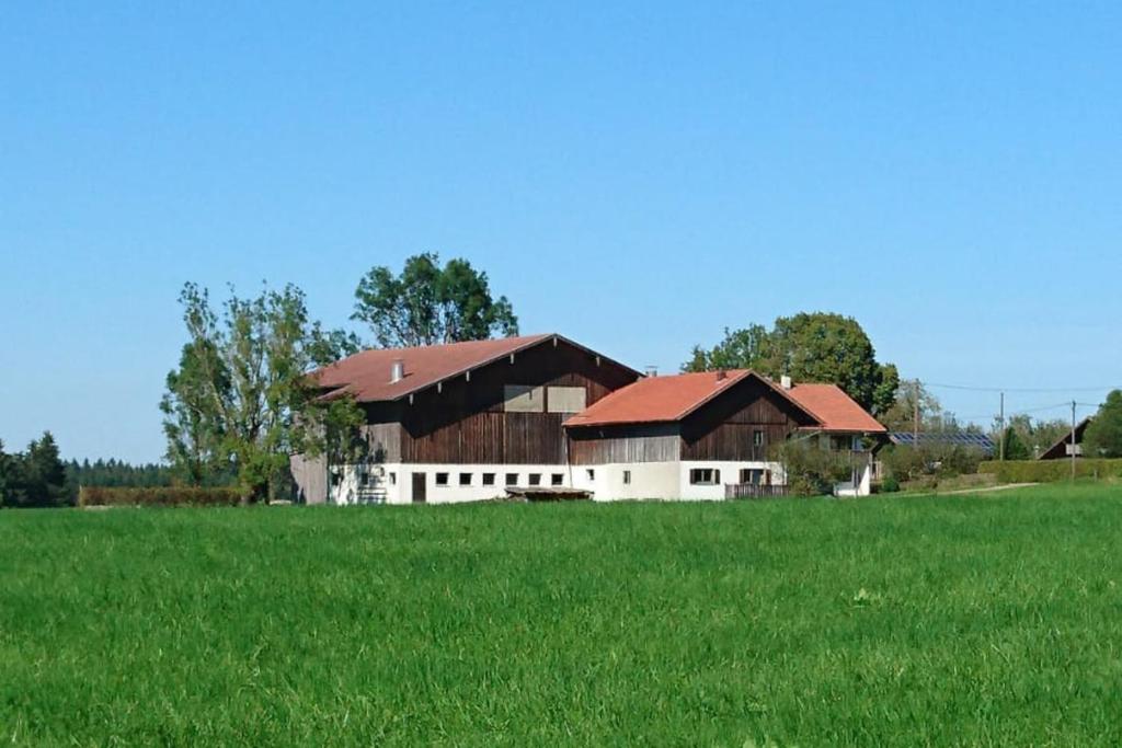a barn in a field with a green field at Ferienhof Steingaden in Steingaden