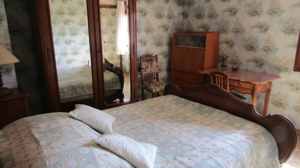 une chambre avec un lit, un bureau et un miroir dans l'établissement CHAMBRE salle de bains privée Jardin Arboré, à Montpellier