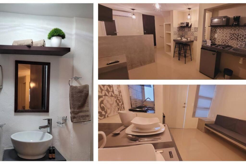 a collage of three pictures of a kitchen and a bathroom at D-03 NOVAGA DOWNTOWN CANCUN in Cancún