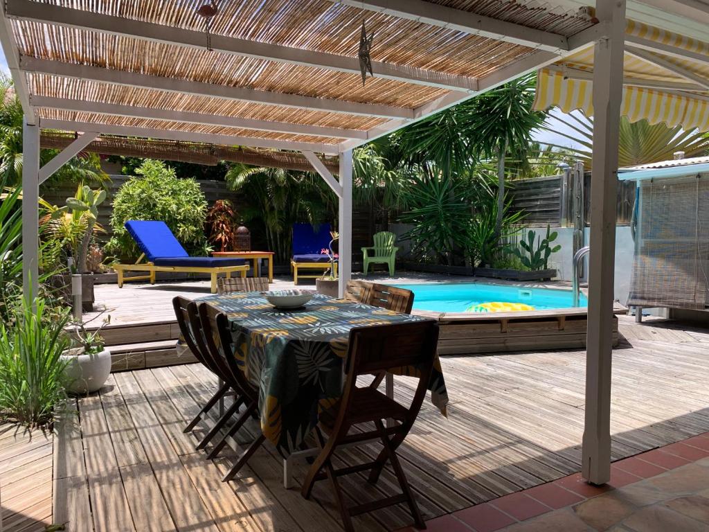 a patio with a table and chairs and a pool at Villa Maracoudja in Sainte-Anne