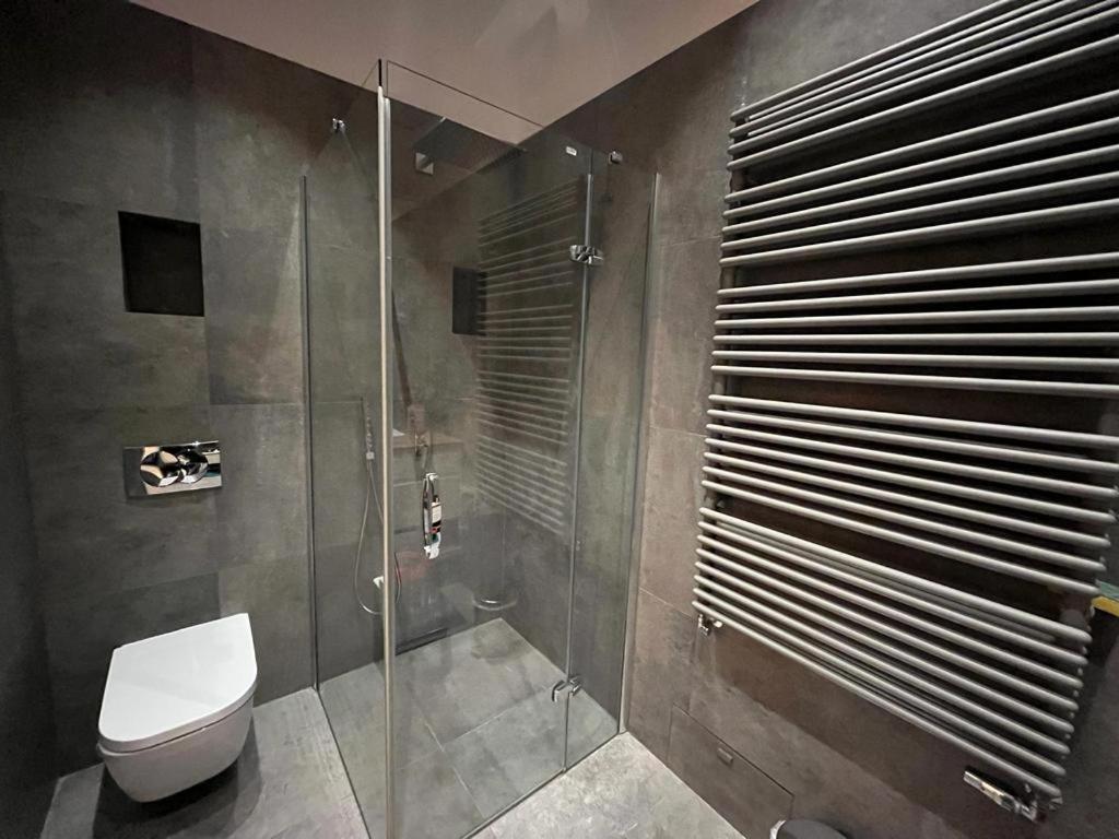 W łazience znajduje się toaleta i przeszklony prysznic. w obiekcie Przytulny Apartament w Centrum w mieście Częstochowa