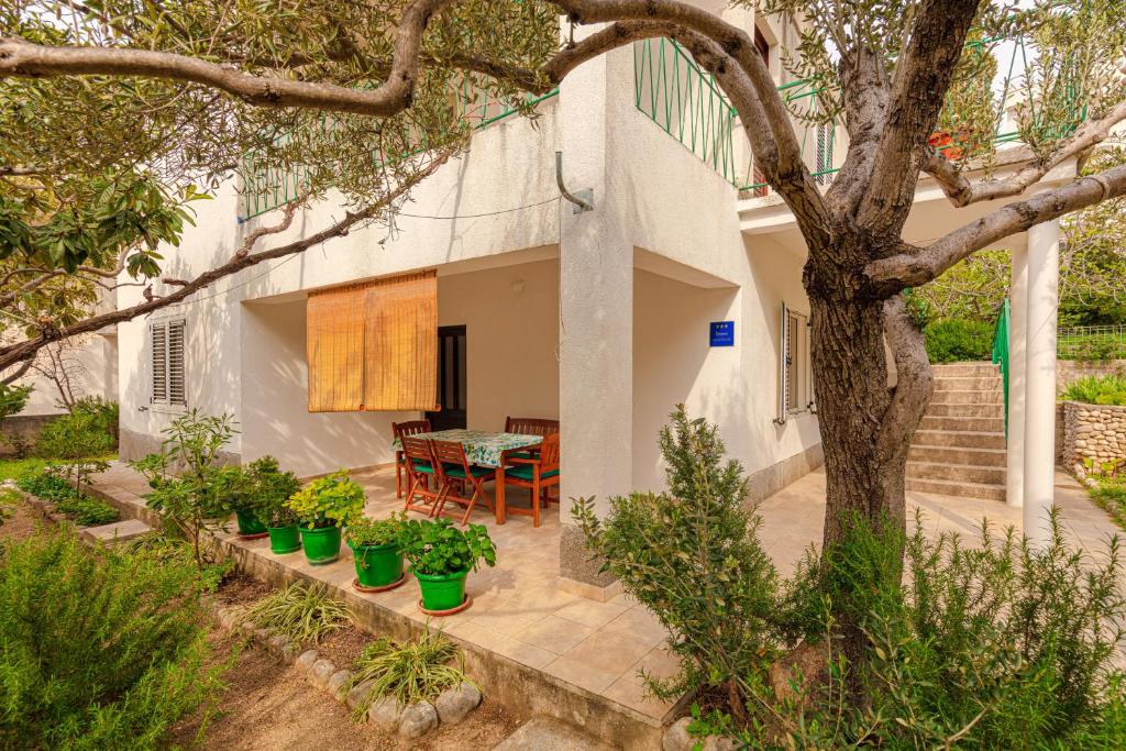 Apartment Promajna في بروماجنا: فناء بالنباتات وطاولة وشجرة
